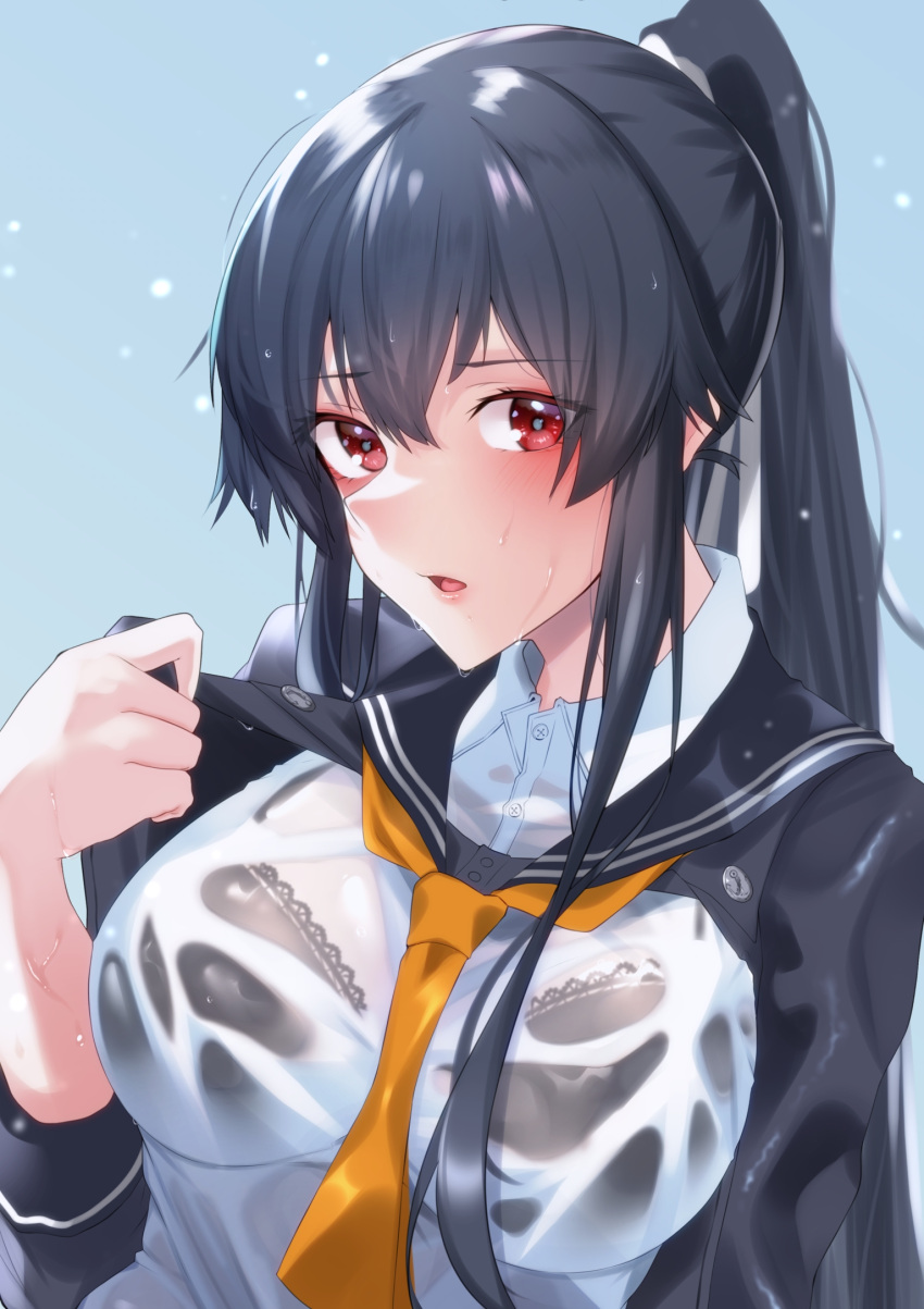 black_bra black_hair blush bra breasts buttons collared_shirt female hair_between_eyes highres kantai_collection long_hair long_sleeves neckerchief open_mouth orange_neckerchief ponytail red_eyes see-through see-through_shirt shirt solo underwear upper_body wet wet_clothes white_shirt yahagi_(kancolle) yahagi_kai_ni_(kancolle) z_(knkr1025)