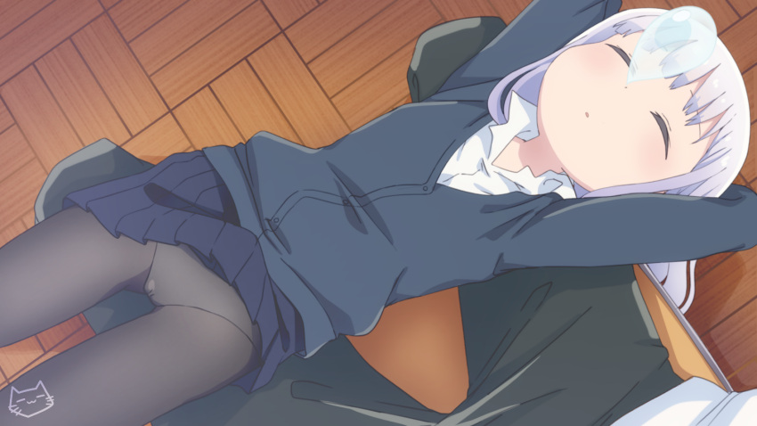 1boy aharen-san_wa_hakarenai aharen_reina bangs black_legwear blue_jacket blue_skirt cameltoe closed_eyes female jacket keihh legs light_purple_hair lying nose_bubble on_back out_of_frame panties panties_under_pantyhose pantyhose pleated_skirt shirt signature skirt sleeping underwear upskirt white_panties white_shirt