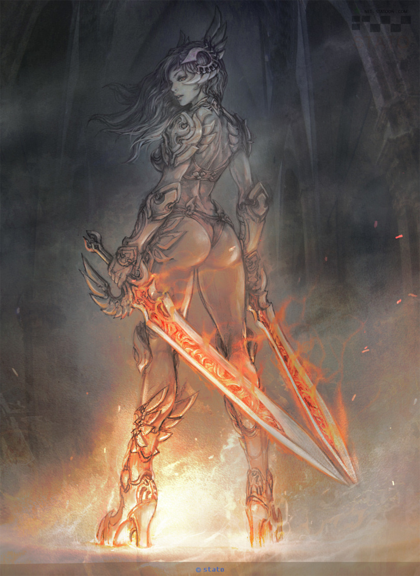 armor armored_boots arms_at_sides ass bikini_armor boots breastplate breasts commentary dual_wielding english_commentary fantasy female fire floating_hair from_behind hallway helmet high_heel_boots high_heels highres holding holding_sword holding_weapon leg_wings legs_apart long_hair looking_back original partially_colored pauldrons profile reverse_grip shoulder_armor smoke solo standing stato_(statoon) sword vambraces weapon winged_footwear winged_helmet winged_sword wings