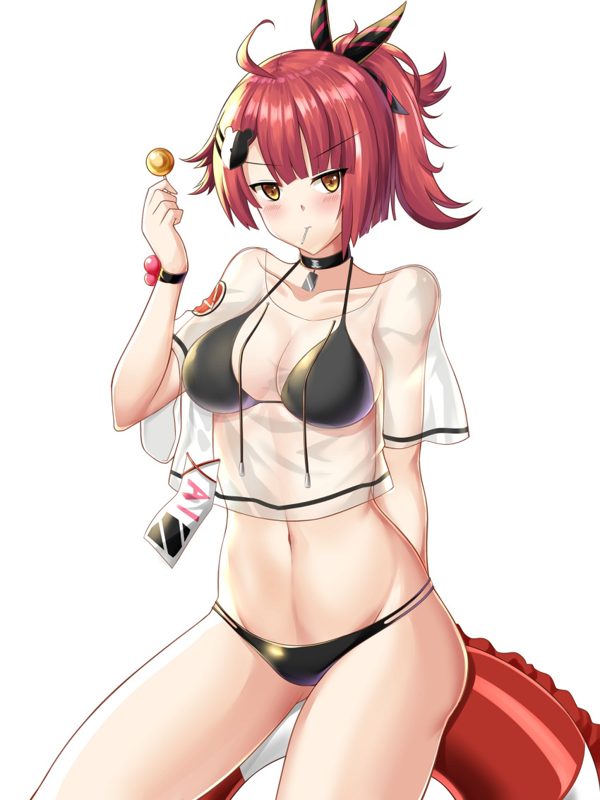 bikini black_bikini black_choker blush bow bracelet breasts candy choker cleavage collarbone female food girls'_frontline hair_ornament hair_ribbon hairbow hand_up highres jewelry lollipop looking_at_viewer medium_breasts medium_hair mp7_(girls'_frontline) mp7_(lollipop_ammo)_(girls'_frontline) navel ponytail red_hair ribbon solo stomach swimsuit thighs white_background yan_lie yellow_eyes