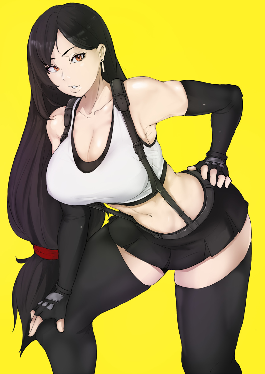 absurdres bare_shoulders black_hair black_skirt black_thighhighs breasts brown_eyes cleavage commentary crop_top earrings elbow_gloves english_commentary female final_fantasy final_fantasy_vii final_fantasy_vii_remake fingerless_gloves gloves hand_on_own_hip highres jewelry leaning_forward long_hair low-tied_long_hair microskirt midriff muscular muscular_female parted_lips pleated_skirt puzenketsu shirt simple_background skirt solo suspender_skirt suspenders tank_top taut_clothes taut_shirt thick_thighs thighhighs thighs tifa_lockhart very_long_hair white_tank_top yellow_background