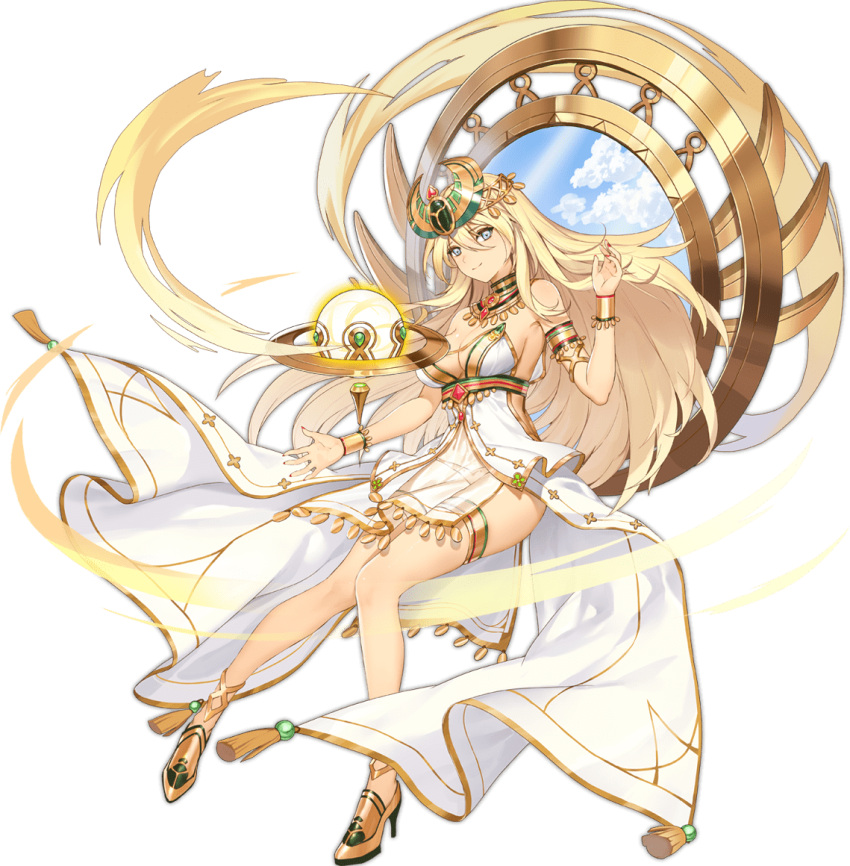 anklet ark_order armlet blonde_hair blue_eyes bracelet breasts closed_mouth dress egyptian egyptian_clothes female full_body gold gold_footwear halo headpiece high_heels itoucon jewelry khepri_(ark_order) large_breasts long_hair long_sleeves looking_at_viewer necklace official_art orb panties red_nails see-through sideboob smile solo tachi-e tassel thighhighs transparent_background underwear usekh_collar variant_set white_dress white_panties