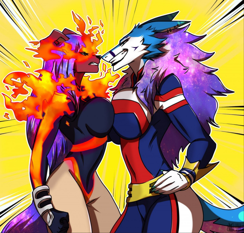 2017 5_fingers anthro avoid_posting big_breasts bluhcat breast_squish breasts breasts_frottage canid canine canis domestic_dog duo female female/female fingers fire hi_res mammal my_hero_academia sergal smile squish todoroki_enji toshinori_yagi zektra_(sigii_miau)