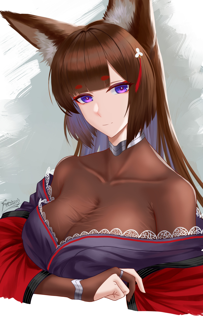 absurdres amagi_(azur_lane) animal_ears azur_lane bodystocking breasts brown_hair cleavage collarbone colored_inner_hair elbow_gloves female fox_ears fox_girl frilled_kimono frills frozen-sad gloves hair_ornament highres japanese_clothes jewelry kimono kitsune long_hair low_neckline multicolored_hair partially_fingerless_gloves purple_eyes ring taut_clothes thick_eyebrows upper_body