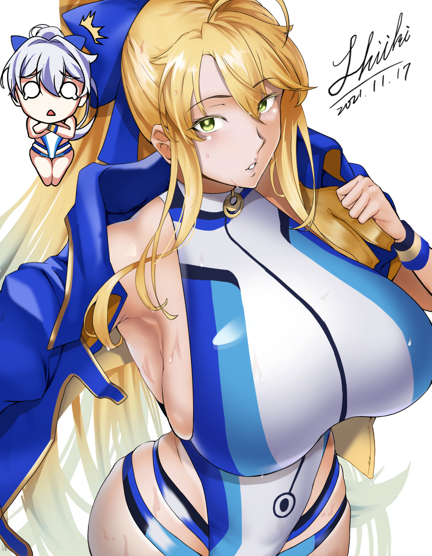 2girls absurdres ahoge artoria_pendragon_(fate) artoria_pendragon_(swimsuit_ruler)_(fate) bare_shoulders blonde_hair blue_bow blue_jacket blue_one-piece_swimsuit blush bow breasts chibi commentary commission cosplay fate/grand_order fate_(series) green_eyes grey_hair hair_between_eyes hairbow highleg highleg_swimsuit highres huge_breasts jacket long_hair looking_at_viewer multiple_girls one-piece_swimsuit open_clothes open_jacket parted_lips pixiv_commission ponytail shiki_(love-saber) short_sleeves sidelocks signature swimsuit thigh_strap thighs tomoe_gozen_(fate) tomoe_gozen_(swimsuit_saber)_(fate) tomoe_gozen_(swimsuit_saber)_(fate)_(cosplay) two-tone_swimsuit white_one-piece_swimsuit