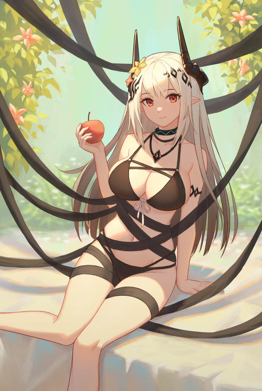 absurdres apple arknights armlet bare_shoulders bikini black_bikini black_horns black_ribbon breasts bush chinese_commentary cleavage closed_mouth collar commentary day dhsl feet_out_of_frame female fingernails flower food fruit grey_hair hair_flower hair_ornament highres holding holding_food holding_fruit horns infection_monitor_(arknights) jewelry large_breasts long_hair looking_at_viewer mudrock_(arknights) mudrock_(silent_night)_(arknights) navel necklace official_alternate_costume outdoors pointy_ears red_eyes ribbon sitting smile solo swimsuit very_long_hair yellow_flower