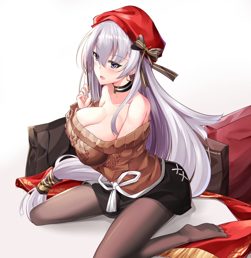 aran_sweater arm_under_breasts azur_lane bare_shoulders belfast_(azur_lane) belfast_(shopping_with_the_head_maid)_(azur_lane) beret black_pantyhose black_skirt blush breast_hold breasts brown_sweater cable_knit choker cleavage collarbone commentary earrings female grey_hair hat highres hoop_earrings jewelry large_breasts long_hair looking_at_viewer necklace no_shoes off-shoulder_sweater off_shoulder official_alternate_costume open_mouth pantyhose purple_eyes shawl sitting skirt solo spread_legs star_(symbol) star_necklace sweater wariza white_background yan_lie