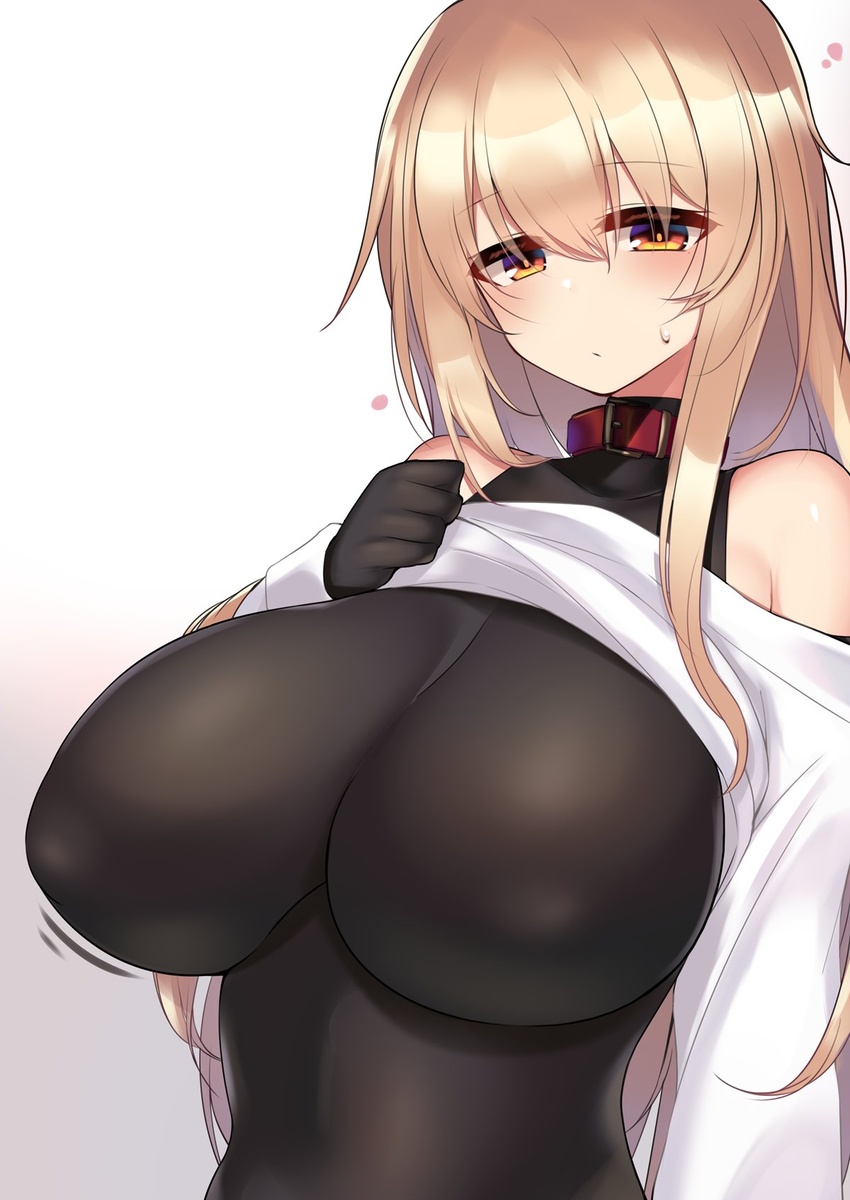 belt_collar blonde_hair bodysuit bodysuit_under_clothes breasts collar commentary_request covered_nipples female highres huge_breasts kubiwa_(kutan) kutan looking_at_viewer original red_collar solo upper_body yellow_eyes