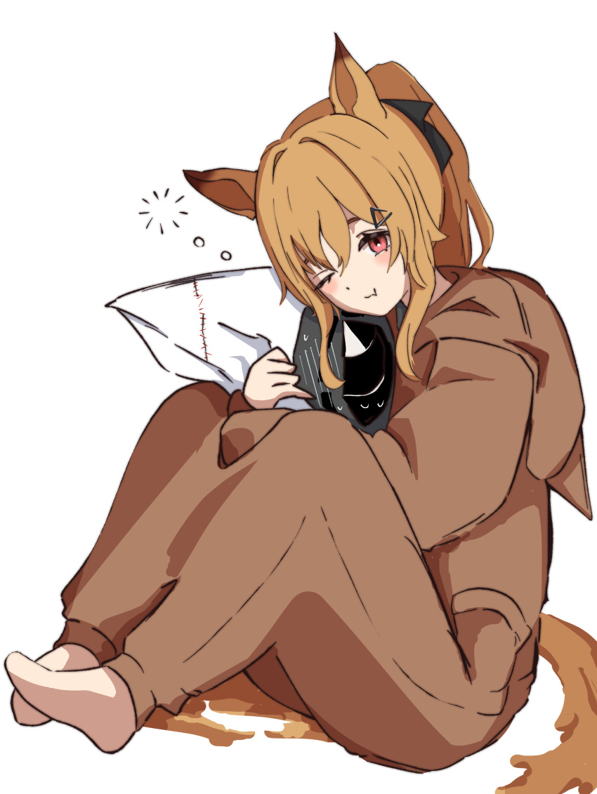 :t absurdres animal_ears arknights binware black_bow blush bow brown_hair brown_pajamas cameo ceobe_(arknights) commentary dakimakura_(object) doctor_(arknights) dog_ears dog_girl dog_tail female full_body hair_ornament hairbow hairclip highres holding holding_pillow long_hair official_alternate_costume one_eye_closed onesie pajamas pillow ponytail red_eyes sidelocks simple_background sitting solo tail white_background white_legwear