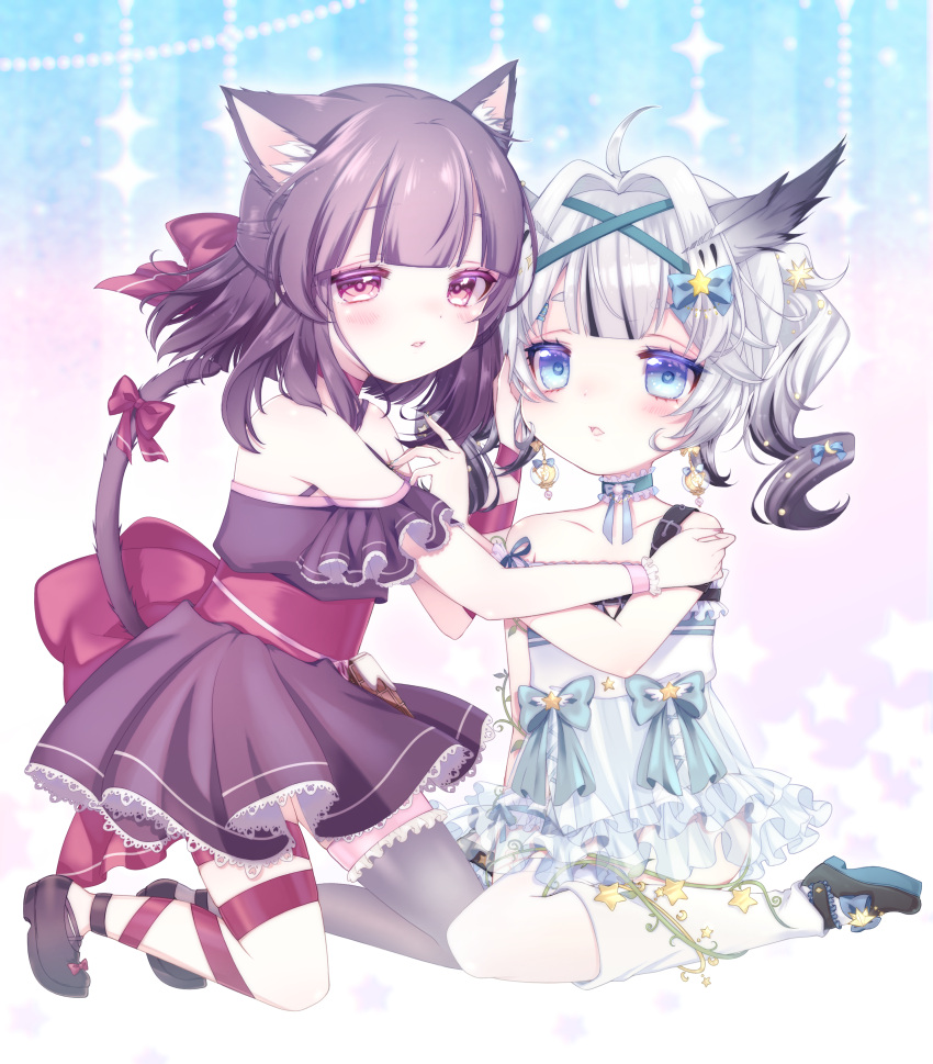 2girls :o absurdres ahoge animal_ears arm_ribbon bare_shoulders bird black_dress black_footwear black_hair blue_choker blue_eyes blue_headwear blue_ribbon blush bow brown_hair cat_ears cat_tail chocolate choker commentary_request commission commissioner_upload criss-cross_halter dress fallenshadow flat_chest food-themed_clothes food-themed_ornament frilled_dress frilled_legwear frills full_body gradient_background grey_legwear hair_ornament hairbow halterneck hand_on_another's_face highres holding_another's_arm indie_virtual_youtuber leg_ribbon looking_at_viewer medium_hair mikazuki_silvi multicolored_hair multiple_girls off_shoulder open_mouth owl owl_ears petite pink_background pink_bow pink_choker pink_eyes pink_ribbon ribbon ribbon_choker ro_(igris-geo) seiza short_dress sidelocks simple_background single_thighhigh single_wrist_cuff sitting skeb_commission star_(symbol) star_hair_ornament tail tail_ornament tail_ribbon thighhighs twintails virtual_youtuber waist_bow white_background white_dress white_hair white_legwear wrist_cuffs