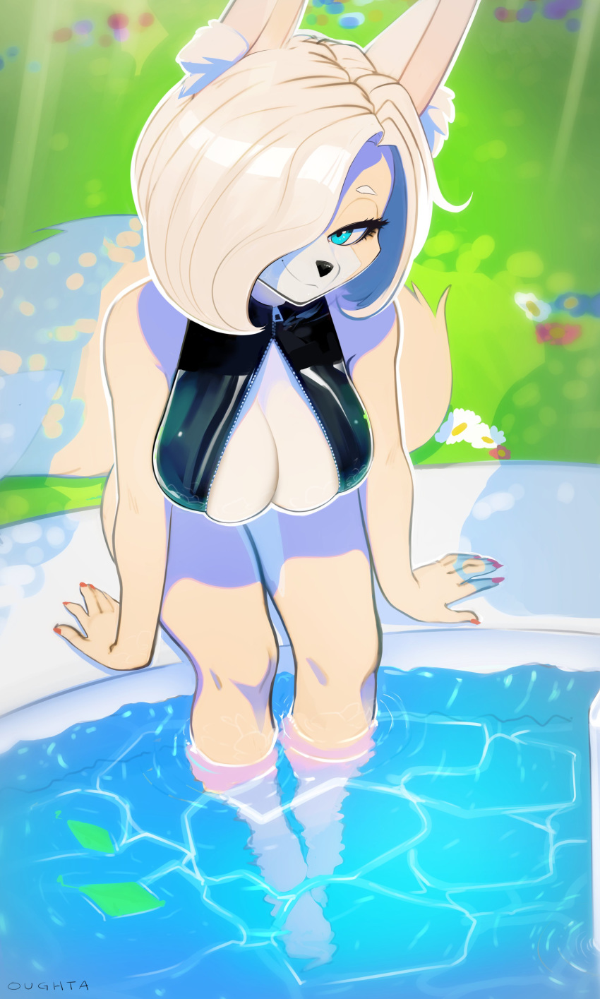 2020 5_fingers absurd_res anthro barefoot bent_legs black_nose blonde_hair blue_eyes breasts canid canine cleavage clothed clothing colored_nails detailed_background digital_media_(artwork) extended_arms eyelashes feet female fingers fox fur hair hi_res inner_ear_fluff knees_together legs_in_water legs_over_edge legs_together looking_at_viewer mammal marie_(oughta) nails oughta outside over_edge partially_submerged poolside shaded sitting smile soaking_feet solo submerged_legs tan_body tan_fur tuft water