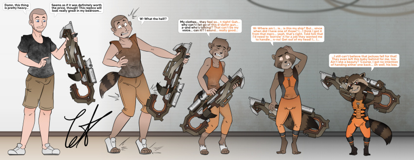 anthro axiomtf bottomwear brainwashing chaotic_star clothed clothing dialogue english_text facial_hair footwear guardians_of_the_galaxy gun hi_res holding_gun holding_object holding_ranged_weapon holding_weapon human humanoid hypnosis jumpsuit male mammal marvel mind_control procyonid raccoon ranged_weapon rocket_raccoon science_fiction shirt shocked shoes shorts smile smirk solo speech_bubble t-shirt text tight_clothing topwear transformation transformation_sequence weapon