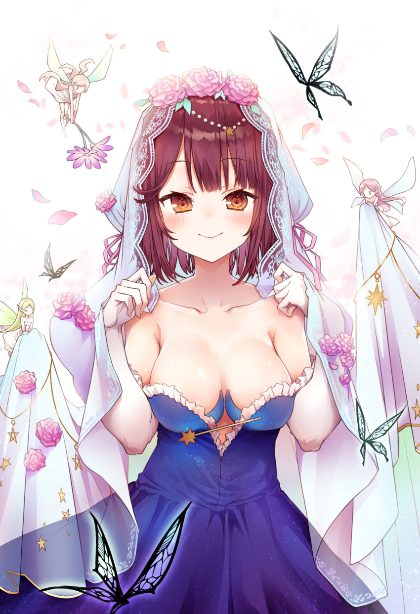 alt_(ctrldel) atelier_(series) atelier_sophie bare_shoulders blue_dress blush breasts bridal_veil brown_eyes bug butterfly cleavage collarbone commentary_request dress elbow_gloves fairy female flower frilled_dress frills gloves hair_flower hair_ornament highres lace lace_veil looking_at_viewer medium_breasts petals red_hair short_hair smile solo sophie_neuenmuller strapless strapless_dress veil