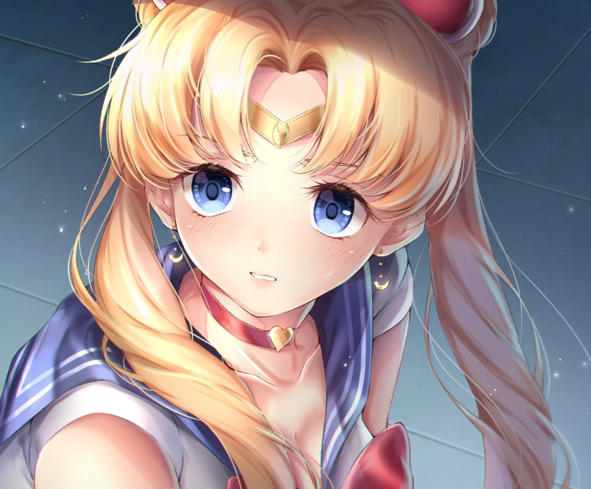 bishoujo_senshi_sailor_moon bishoujo_senshi_sailor_moon_s blonde_hair blue_sailor_collar blush breasts choker circlet cleavage collarbone commentary crescent crescent_earrings derivative_work double_bun earrings english_commentary female hair_bun heart heart_choker jewelry long_hair magical_girl meme red_choker sailor_collar sailor_moon sailor_moon_redraw_challenge_(meme) sailor_senshi_uniform screenshot_redraw solo tsukichan_(maynyan23) tsukino_usagi twintails upper_body