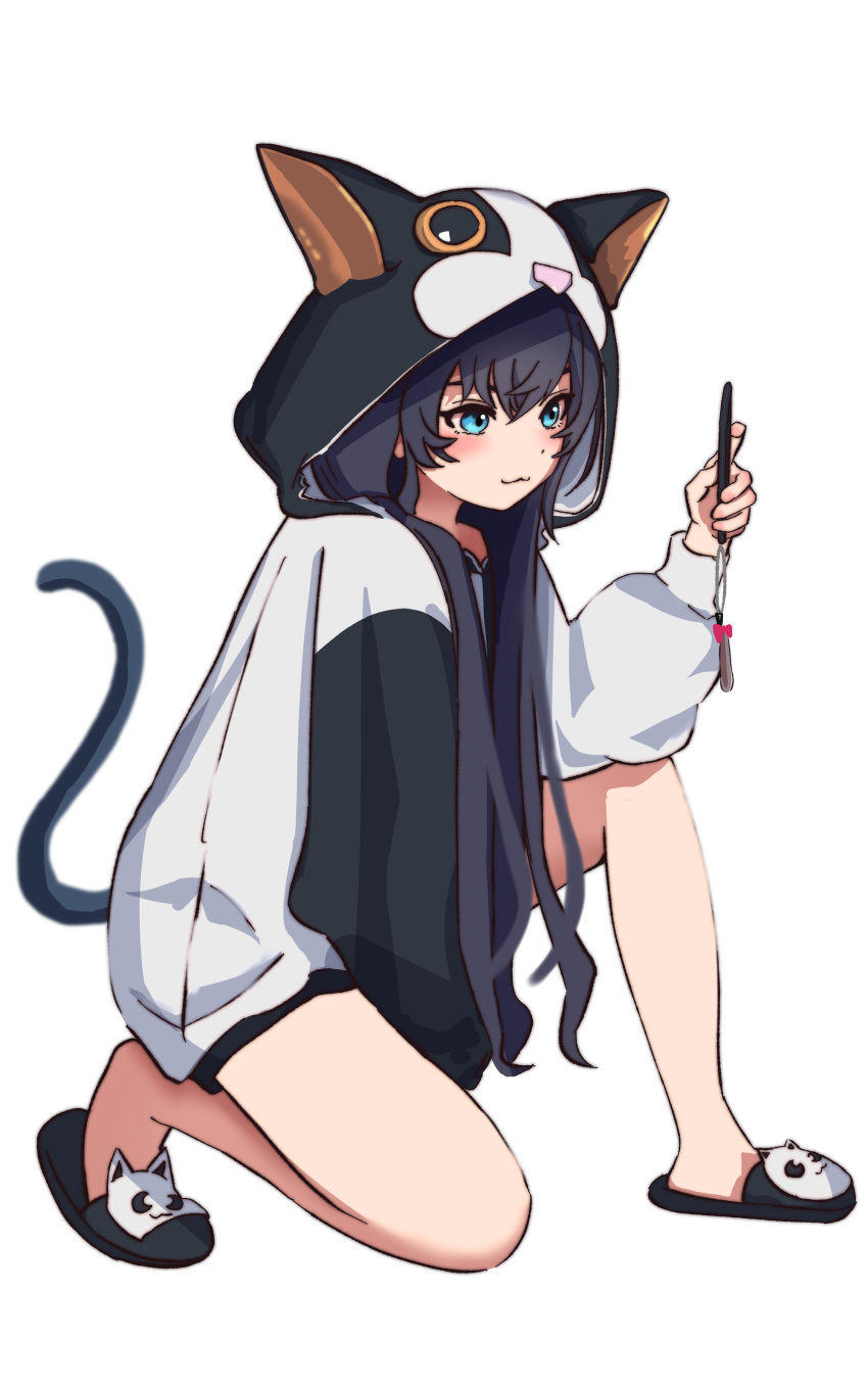 :3 absurdres animal_hood arknights binware black_footwear black_hair black_hoodie blaze_(arknights) blue_eyes blush cat_girl cat_hood cat_tail commentary female full_body hand_up highres holding hood hood_up hoodie long_hair long_sleeves official_alternate_costume on_one_knee pajamas simple_background slippers solo tail two-tone_hoodie white_background white_hoodie