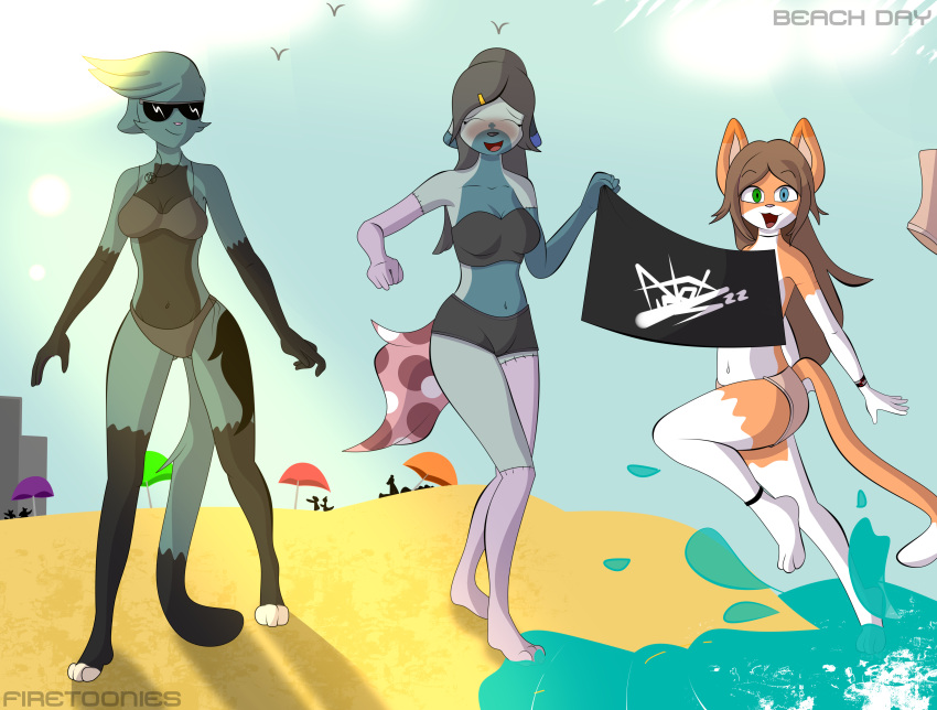 absurd_res accident accidental_exposure anthro beach beach_umbrella bikini bikini_removed bikini_shorts black_body black_fur black_nose blue_eyes brown_hair clothing convenient_censorship countershading detailed_background domestic_cat embarrassed eyewear felid feline felis female female/female firenox1559 fur galia_(tleatlnox59) green_body green_eyes grey_(tleatlnox59) grey_hair group hair heterochromia hi_res hybrid jumping light long_hair long_tail looking_at_viewer looking_away mammal markings parasol pink_body pink_fur pink_nose sand sea seaside smile spots spotted_markings spotted_tail standing sunglasses sunlight swimwear swimwear_removed tail tail_markings tattoo tiffany_(tleatlnox59) trio water white_body white_fur