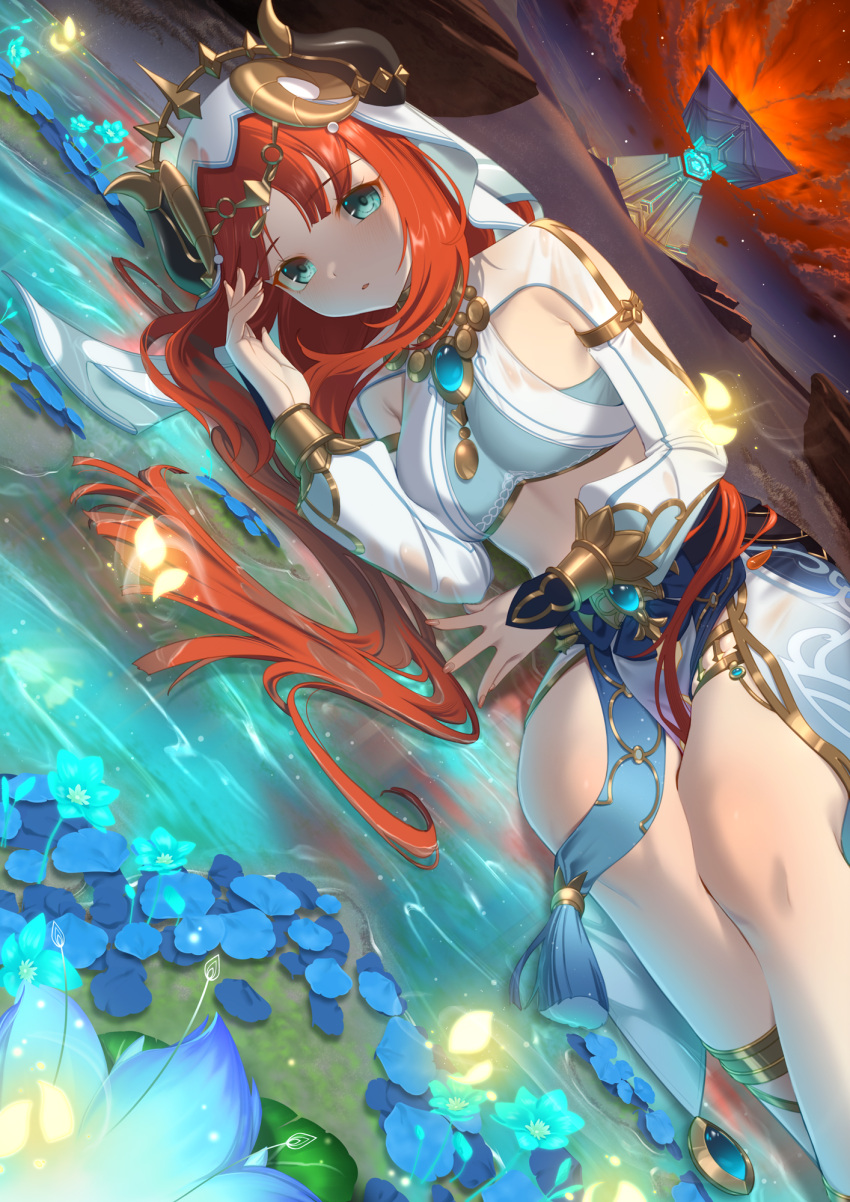 blue_eyes blue_flower blue_skirt breasts brooch commentary crop_top desert egyptian fake_horns female flower genshin_impact highres horns jewelry long_hair long_sleeves looking_at_viewer lying meda medium_breasts midriff nilou_(genshin_impact) on_side outdoors parted_lips petals pyramid_(structure) red_hair skirt solo thighlet veil very_long_hair water