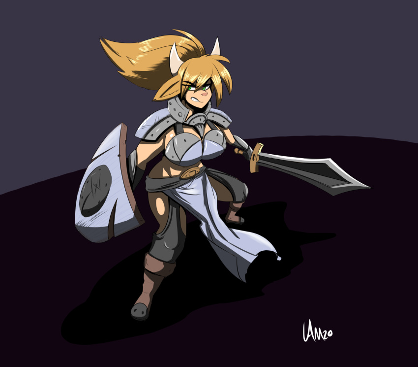 amhidden angry anthro armor big_breasts bikini_armor blonde_hair boots bottomwear bovid bovine breastplate breasts cattle clothed clothing female fighting_pose footwear gloves green_eyes hair handwear hi_res horn loincloth long_hair mammal melee_weapon narrowed_eyes ponytail pose shield solo standing sword tan_body unconvincing_armor weapon