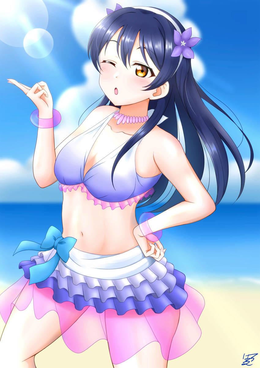 absurdres bangle bikini bikini_skirt blue_hair blush bracelet commentary_request cowboy_shot day female flower frilled_bikini frills gradient hand_on_own_hip haruharo_(haruharo_7315) hibiscus highres jewelry long_hair love_live! love_live!_school_idol_project natsuiro_egao_de_1_2_jump! one_eye_closed outdoors sonoda_umi swept_bangs swimsuit yellow_eyes