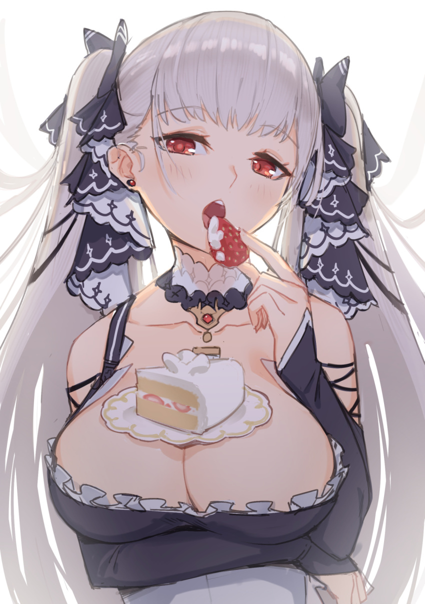 azur_lane bare_shoulders between_breasts black_dress blush breasts cake cleavage dress earrings female food formidable_(azur_lane) frilled_dress frills fruit grey_hair hair_ribbon highres huge_breasts jewelry long_hair long_sleeves looking_at_viewer plate red_eyes ribbon simple_background solo strawberry twintails two-tone_dress two-tone_ribbon underboob very_long_hair white_background yellowpaint.