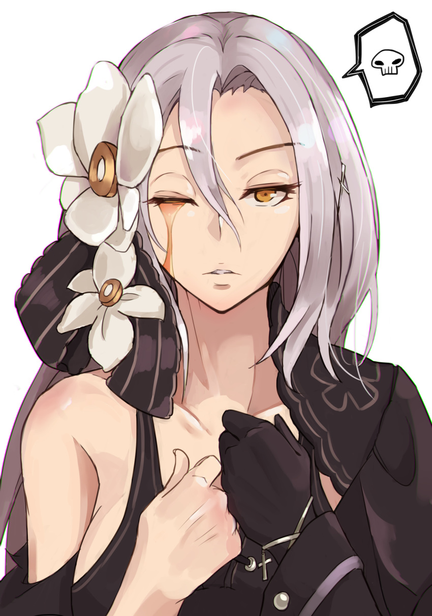 aug_(girls'_frontline) black_gloves black_shirt bow breasts collarbone cross female flower girls'_frontline gloves hair_flower hair_ornament hair_ribbon hairbow highres jacket long_hair looking_at_viewer niac one_eye_closed ribbon shirt single_glove solo speech_bubble tears white_background white_hair yellow_eyes