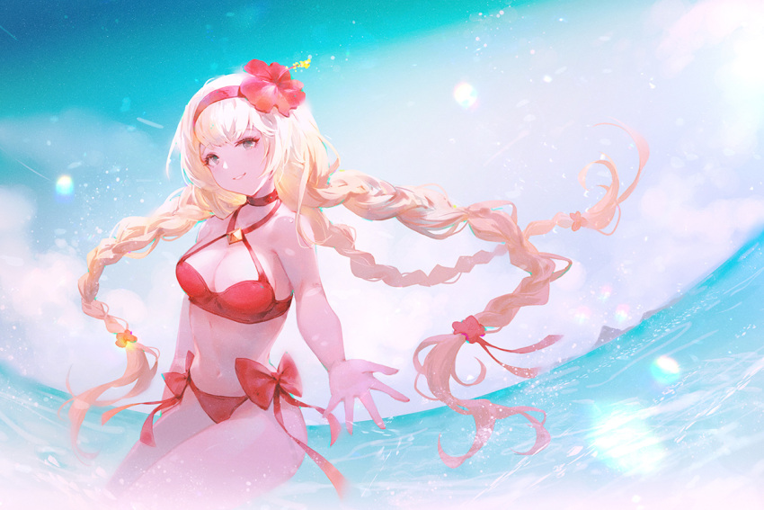 athena_(granblue_fantasy) bikini blonde_hair breasts brown_eyes choker cleavage criss-cross_halter female fisheye flower granblue_fantasy hair_flower hair_ornament hairband halterneck long_hair looking_at_viewer medium_breasts navel reaching reaching_towards_viewer red_bikini smile solo swimsuit tri_braids vienri water