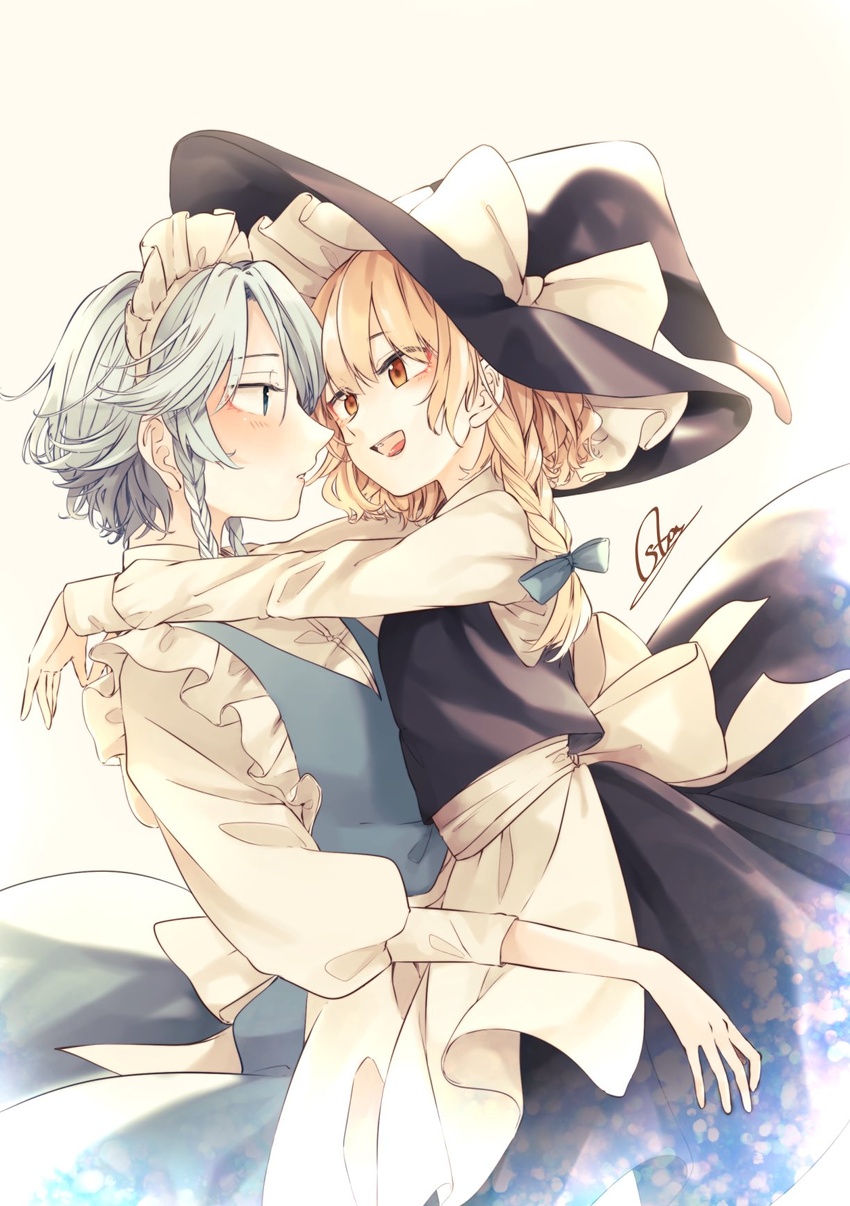 2girls apron arms_around_neck back_bow bad_id bad_twitter_id beige_background black_headwear black_skirt black_vest blue_bow blue_eyes blue_vest bow braid commentary from_side grey_hair hairbow hat hat_bow highres izayoi_sakuya kirisame_marisa long_sleeves looking_at_another maid_headdress multiple_girls open_mouth puffy_sleeves shirt short_hair signature single_braid skirt smile souta_(karasu_no_ouchi) touhou twin_braids upper_body vest waist_apron white_footwear white_shirt witch_hat yellow_eyes yuri