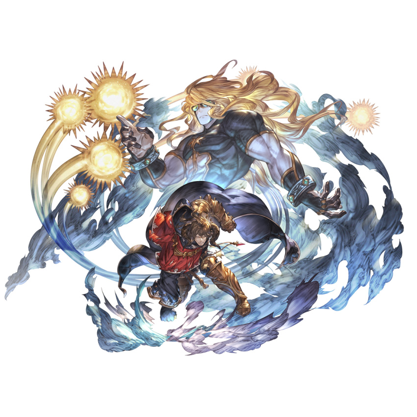 1boy arm_guards armor blonde_hair blue_skin brown_eyes brown_hair cape colored_skin draph facial_hair gauntlets geisenborger gloves goggles goggles_on_eyes granblue_fantasy horns jewelry long_hair long_sleeves looking_at_viewer male_focus necklace official_art pendant rope single_sleeve solo star_(symbol) the_star_(granblue_fantasy) transparent_background