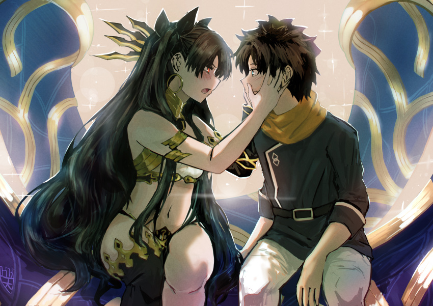 1boy absurdres asymmetrical_legwear asymmetrical_sleeves bare_shoulders black_hair black_shirt blue_eyes blush chaldea_logo earrings fate/grand_order fate_(series) female fujimaru_ritsuka_(male) fujimaru_ritsuka_(male)_(true_ether_chaldea_uniform) hair_ornament hair_ribbon hands_on_another's_face heavenly_boat_maanna highres hoop_earrings ishtar_(fate) jewelry long_hair looking_at_another neck_ring official_alternate_costume ootato pants red_eyes ribbon scarf shirt sitting straight tiara tsundere uneven_legwear uneven_sleeves white_pants