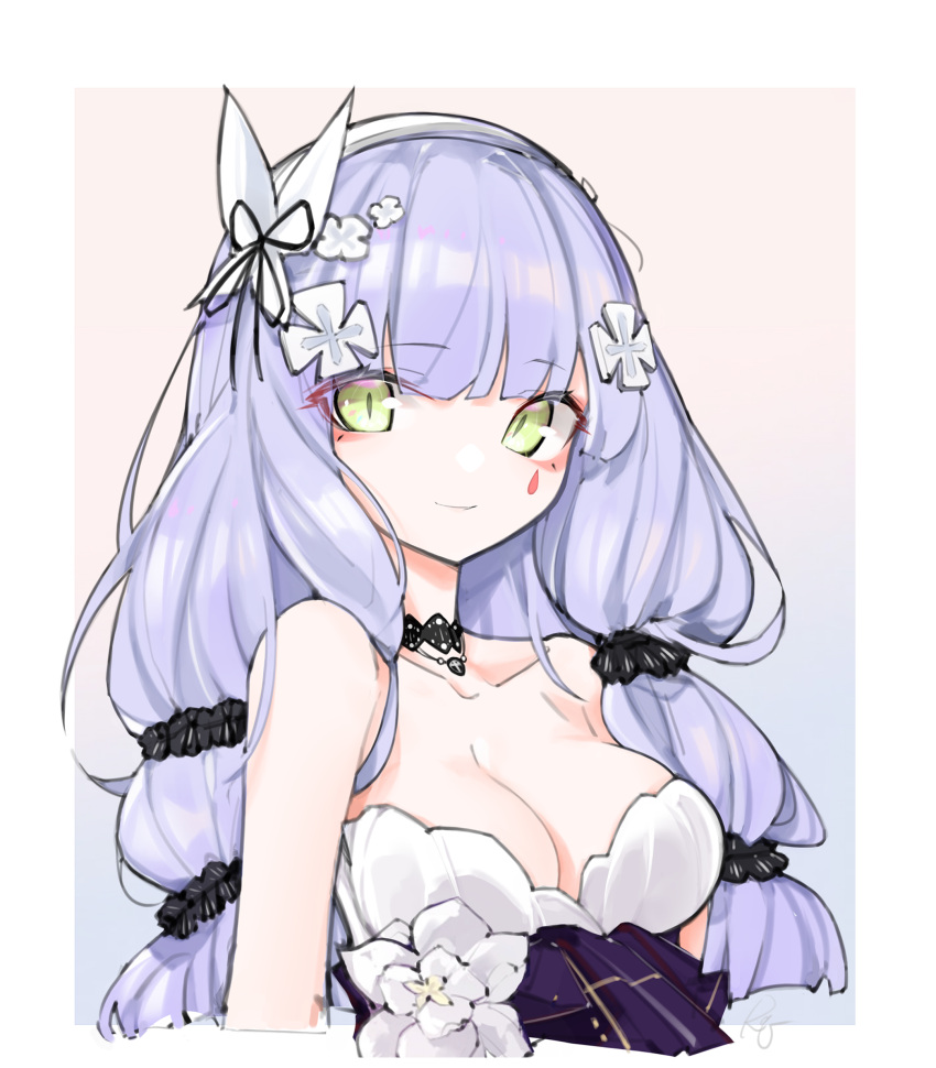 absurdres bare_arms black_choker black_ribbon blue_background border breasts choker cleavage closed_mouth collarbone commentary dress error1980 eyes_visible_through_hair facial_mark female flower girls'_frontline gradient_background green_eyes hair_ribbon hairband highres hk416_(girls'_frontline) hk416_(starry_cocoon)_(girls'_frontline) large_breasts long_hair looking_at_viewer official_alternate_costume pink_background purple_hair ribbon signature slit_pupils smile solo teardrop_facial_mark upper_body white_border white_dress white_flower white_hairband