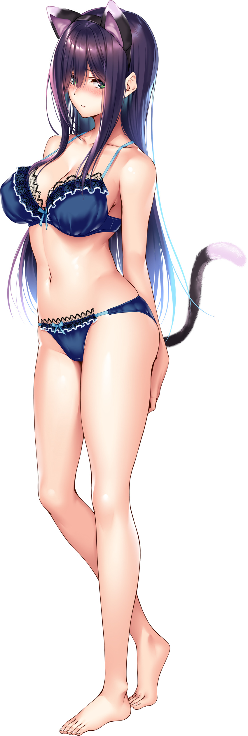 absurdres amakano_2 animal_ears barefoot blue_bra blue_panties blush bra breasts cat_ears cat_tail fake_animal_ears fake_tail female full_body green_eyes highres himiyama_rei long_hair looking_at_viewer navel non-web_source official_art panties piromizu purple_hair solo standing tachi-e tail transparent_background underwear underwear_only