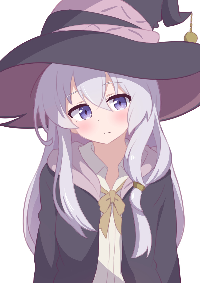 absurdres black_hat black_robe blush closed_mouth collared_shirt commentary elaina_(majo_no_tabitabi) female frown grey_hair hair_between_eyes hat hatafuta highres long_hair long_sleeves looking_at_viewer majo_no_tabitabi neck_ribbon open_clothes open_robe purple_eyes ribbon robe shirt simple_background solo upper_body white_background white_shirt witch witch_hat yellow_ribbon