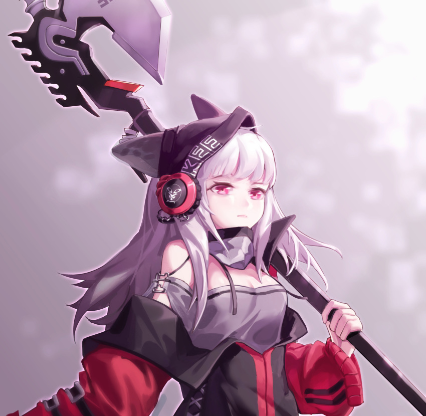 animal_ears arknights blunt_bangs breasts chinese_commentary cleavage closed_mouth commentary_request detached_collar dress female fox_ears frostleaf_(arknights) grey_background grey_dress halberd headphones highres hood implied_extra_ears jacket ling_huanxiang long_hair long_sleeves medium_breasts off-shoulder_dress off_shoulder over_shoulder polearm red_eyes red_jacket simple_background solo upper_body weapon weapon_over_shoulder white_hair