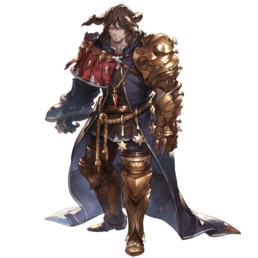 1boy arm_guards armor brown_eyes brown_hair cape draph facial_hair full_body gauntlets geisenborger granblue_fantasy horns jewelry long_sleeves looking_at_viewer male_focus necklace official_art pendant rope single_sleeve solo star_(symbol) transparent_background