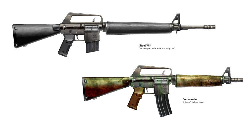 assault_rifle asterozoa commentary concept_art english_commentary english_text fallout:_new_vegas fallout_(series) gun highres no_humans rifle service_weapon simple_background weapon white_background