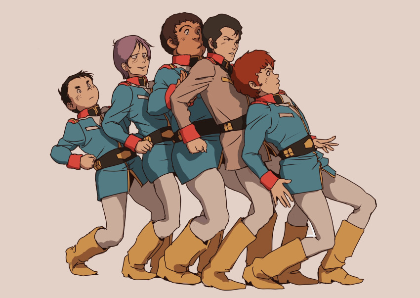 5boys amuro_ray beige_background black_hair boots bright_noa brown_hair clenched_hand earth_federation gundam hair_behind_ear hayato_kobayashi highres kai_shiden leaning_back looking_down looking_up madness_(band) male_focus military mobile_suit_gundam multiple_boys open_hands purple_hair ryu_jose scared teikoku_jokyoku uniform yellow_footwear