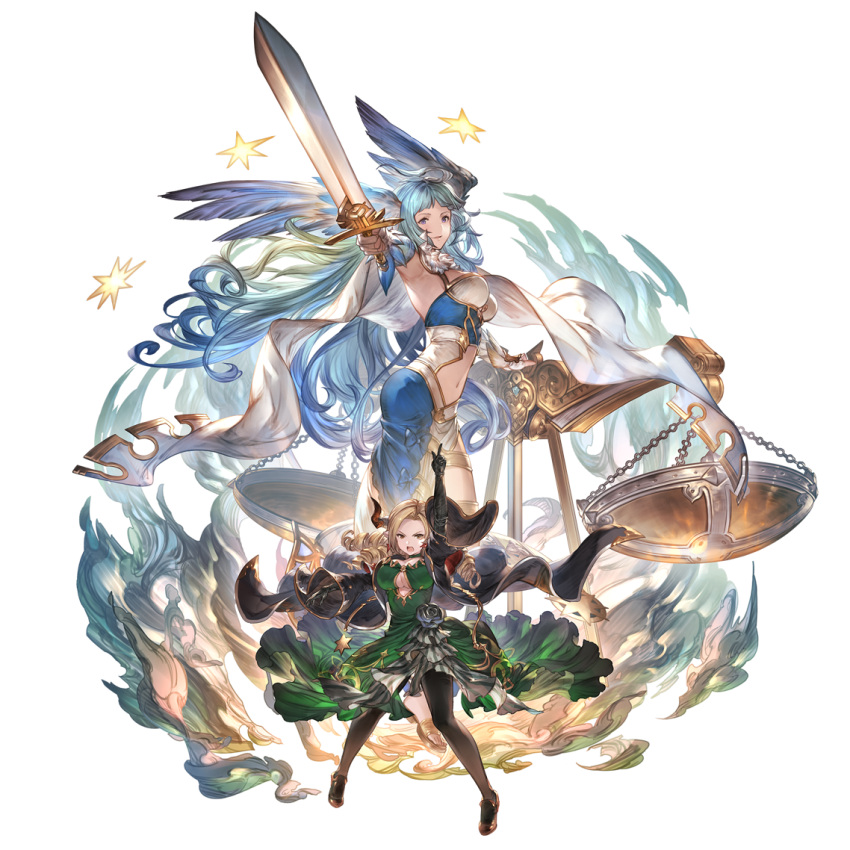 2girls black_gloves black_pantyhose blonde_hair blue_eyes blue_hair breasts cape choker cleavage dangle_earrings draph dress earrings elbow_gloves gloves granblue_fantasy green_dress high_heels horns jewelry justice_(granblue_fantasy) large_breasts long_dress long_hair long_sleeves looking_at_viewer maria_theresa_(granblue_fantasy) midriff multiple_girls official_art pantyhose pendant pointy_ears robe scales star_(symbol) sword transparent_background very_long_hair weapon wide_sleeves