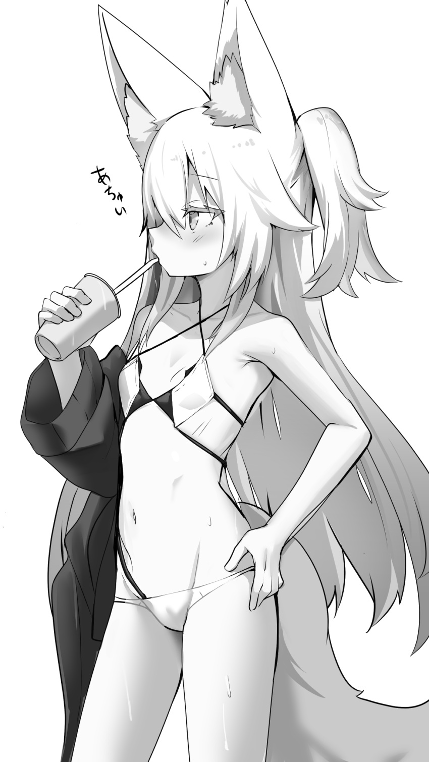 animal_ear_fluff animal_ears bikini breasts cowboy_shot criss-cross_halter cup disposable_cup drink drinking drinking_straw female fox_ears fox_tail from_side greyscale groin halterneck hand_on_own_hip highres holding holding_cup holding_drink kokonoe_tsubaki long_hair lowleg lowleg_bikini monochrome multi-strapped_bikini navel one_side_up original profile simple_background small_breasts solo stomach sweat swimsuit tail very_long_hair white_background yoshizawa_tsubaki