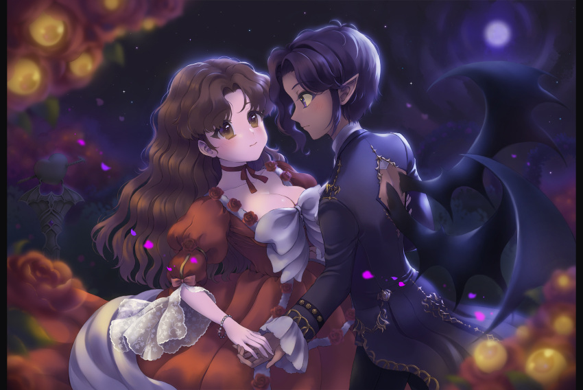 1boy black_wings breasts brown_eyes cleavage cube_(princess_maker) dark-skinned_male dark_skin dress eunyang_(dmsdidrmfla) eye_contact female flower formal highres long_hair long_sleeves looking_at_another medium_breasts moon night olive_oyl_(princess_maker_2) outdoors petals pointy_ears princess_maker_(series) princess_maker_2 purple_eyes red_dress red_ribbon ribbon rose short_hair short_sleeves sky star_(sky) starry_sky straight suit very_long_hair wavy_hair wings