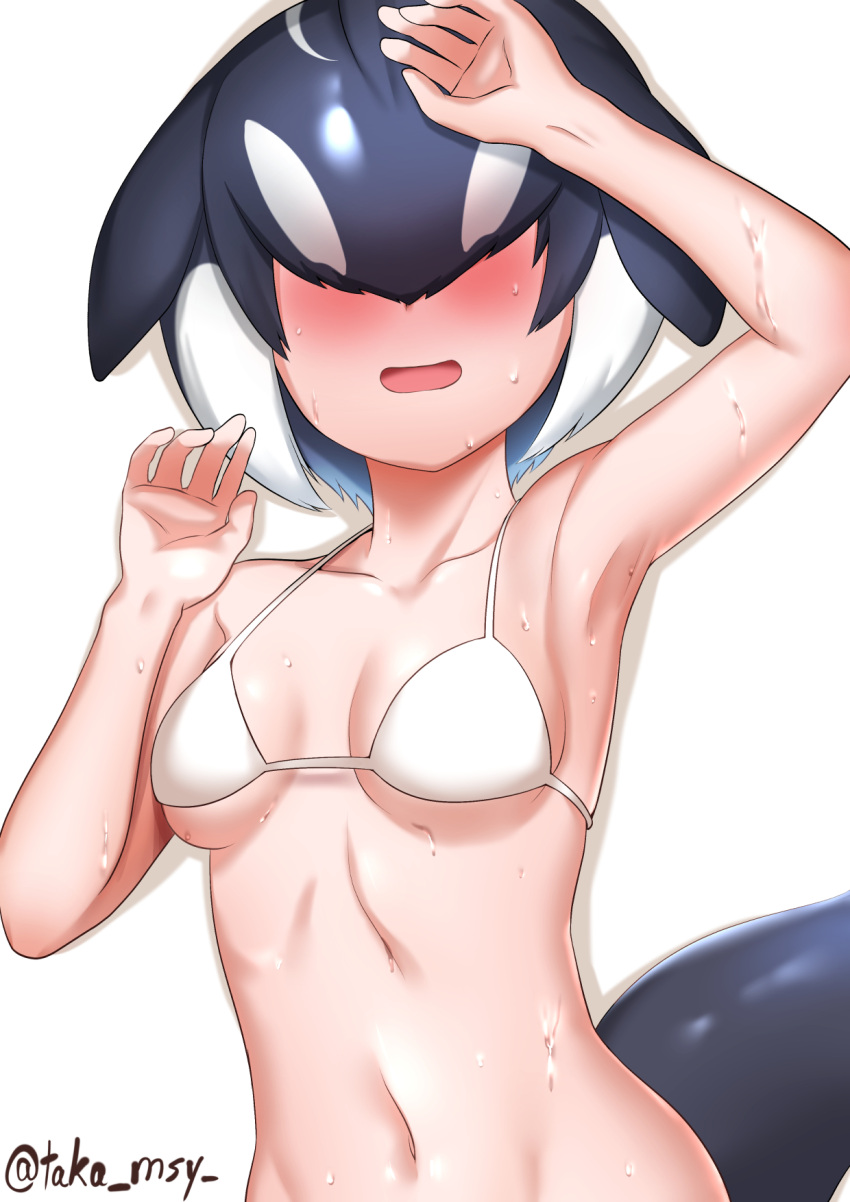 arm_up armpits bikini black_hair blue_hair blush breasts cetacean_tail collarbone covered_eyes dolphin_girl dorsal_fin facing_viewer female fins fish_tail hair_over_eyes hand_up head_fins highres kashisu_mint kemono_friends long_bangs medium_breasts medium_hair multicolored_hair navel open_mouth orca_(kemono_friends) orca_girl simple_background smile solo stomach swimsuit tail twitter_username upper_body wet white_background white_bikini white_hair