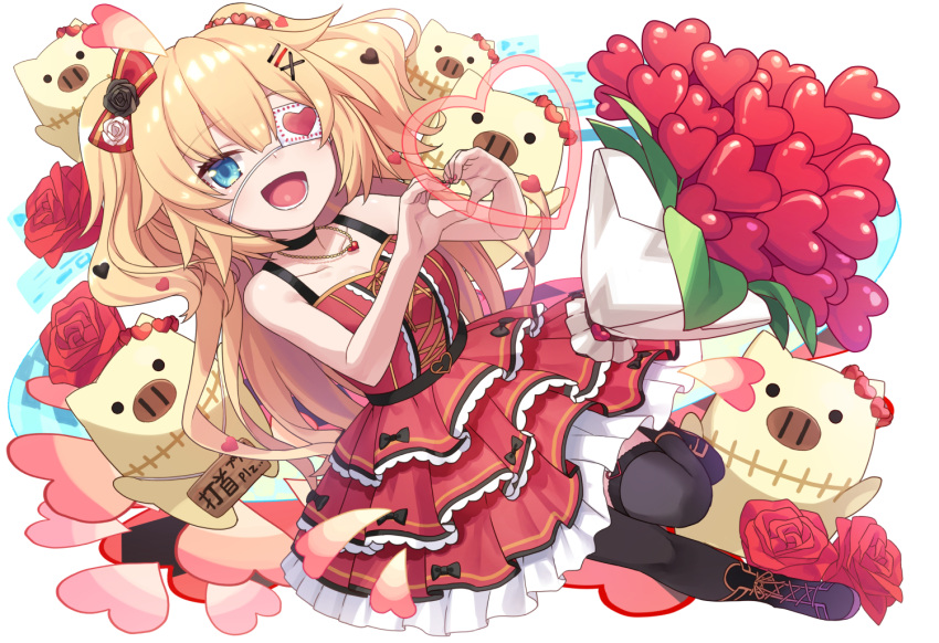 :d akai_haato akai_haato_(gothic_lolita) bare_arms bare_shoulders black_choker black_thighhighs blonde_hair blue_eyes bouquet bow choker dress eyepatch female flower frilled_dress frills hair_ornament hairbow hairclip heart heart_eyepatch heart_hands heart_necklace hololive jewelry layered_dress long_hair looking_at_viewer medical_eyepatch necklace official_alternate_costume official_alternate_hairstyle open_mouth red_dress red_flower red_rose rose short_dress sleeveless sleeveless_dress smile solo thighhighs tokumaro two_side_up very_long_hair virtual_youtuber