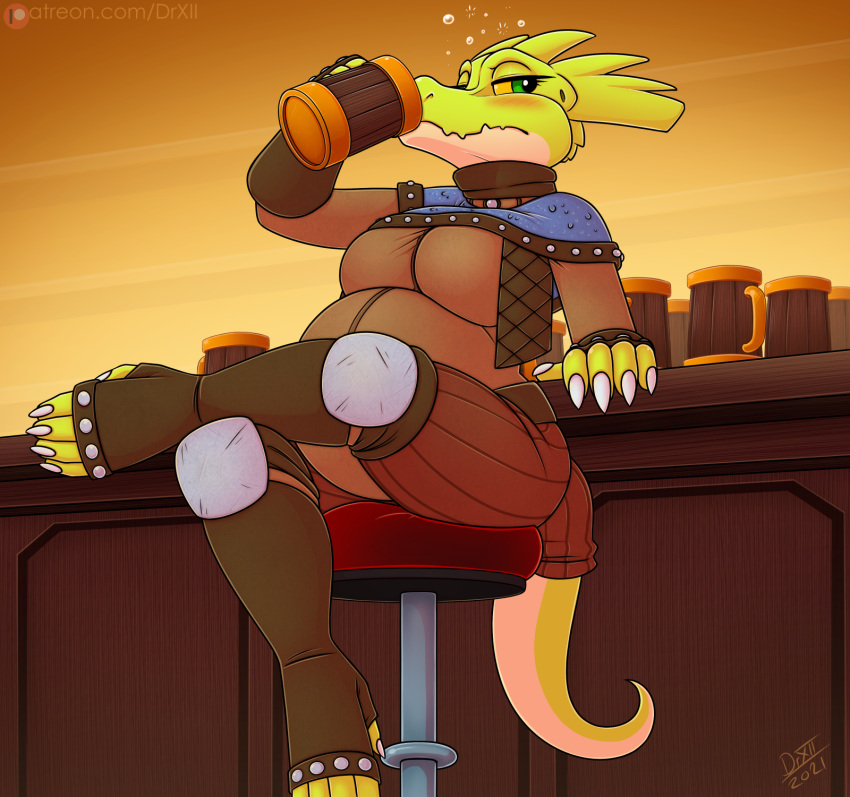 alcohol ale anthro armor bad_parenting bar bar_stool belly beverage big_belly big_breasts breasts bubble claws clothed clothing container cup digital_media_(artwork) drinking drinking_alcohol drinking_while_pregnant drunk drunk_bubble drxii female footwear fully_clothed furniture hi_res holding_container holding_cup holding_mug holding_object kobold leg_armor mug non-mammal_breasts pregnant pregnant_anthro pregnant_female reptile scalie simple_background solo stool substance_intoxication toeless_footwear