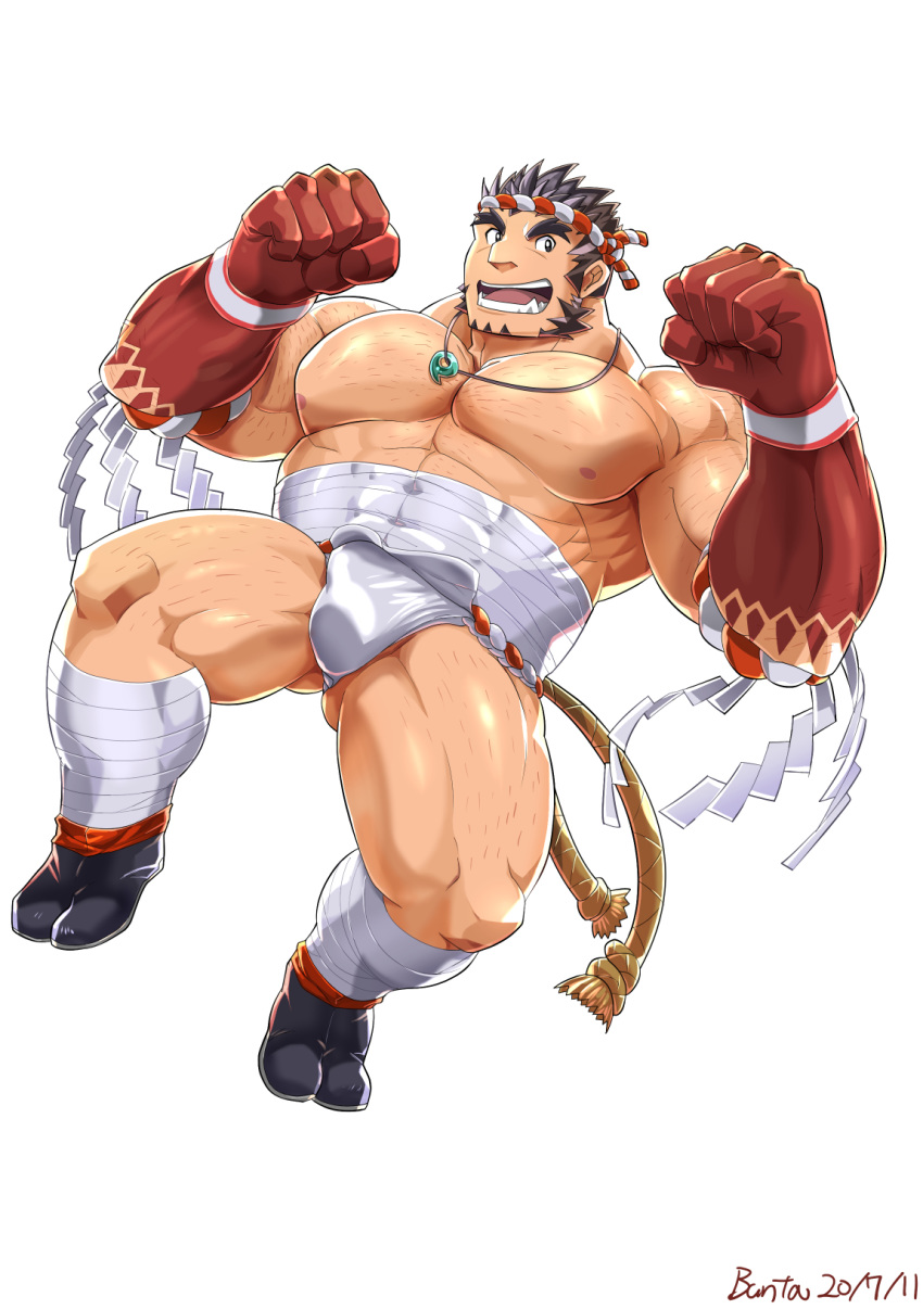 1boy abs arm_hair bandages bara bare_pectorals black_flower black_hair blush bulge bunta_ru chest_hair facial_hair flower forked_eyebrows full_body fundoshi goatee hachimaki hairy happi headband highres japanese_clothes jewelry large_pectorals leg_hair long_sideburns magatama magatama_necklace male_focus male_underwear midriff_sarashi muscular muscular_male navel navel_hair necklace nejiri_hachimaki nipples pectorals sarashi short_hair sideburns simple_background smile solo stubble tajikarao_(housamo) thick_eyebrows thick_thighs thighs tokyo_afterschool_summoners tusks underwear white_background white_male_underwear