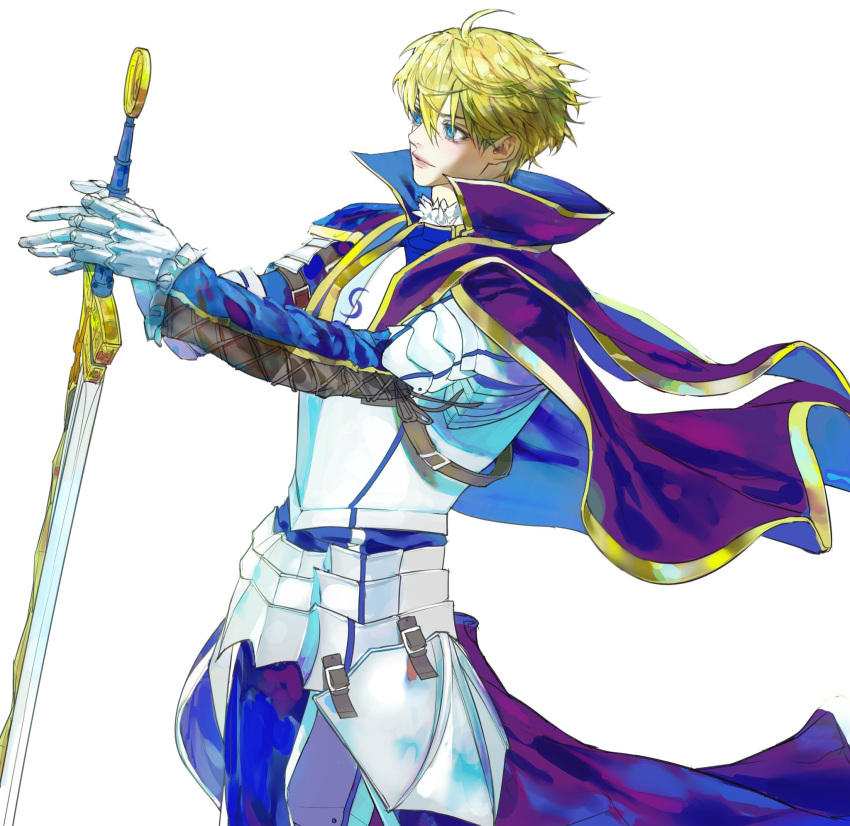 1boy ahoge armor arthur_pendragon_(fate) blonde_hair blue_cape blue_eyes breastplate cape commentary excalibur_(fate/prototype) fate/grand_order fate/prototype fate/prototype:_fragments_of_blue_and_silver fate_(series) faulds from_side gauntlets gold_trim greaves green_eyes hair_between_eyes highres holding holding_sword holding_weapon light_smile long_sleeves looking_away male_focus ohudrneerd pauldrons short_hair shoulder_armor simple_background smile sword weapon white_background