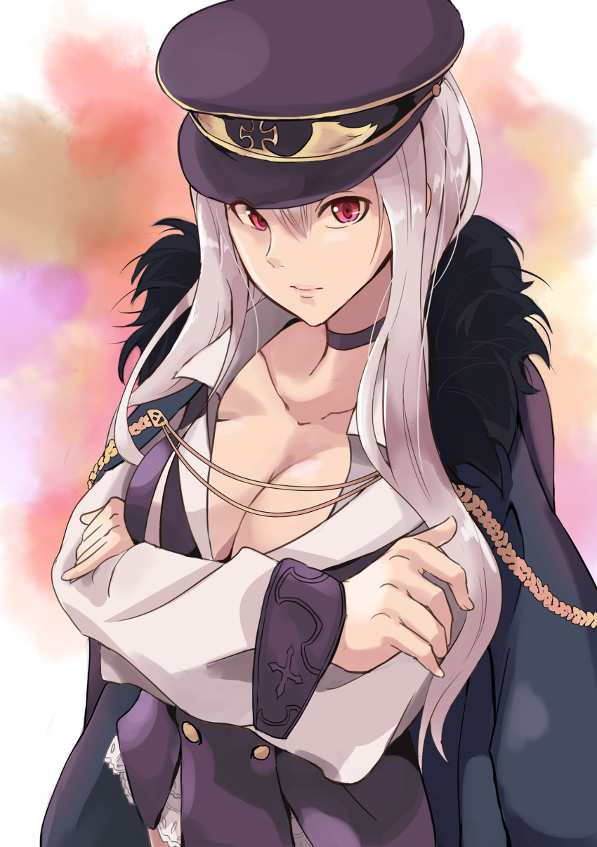 breasts choker cleavage cloak collarbone crossed_arms dress female fur girls'_frontline hat highres kar98k_(girls'_frontline) large_breasts long_hair looking_at_viewer medium_breasts military military_hat military_uniform niac red_eyes simple_background solo uniform white_hair