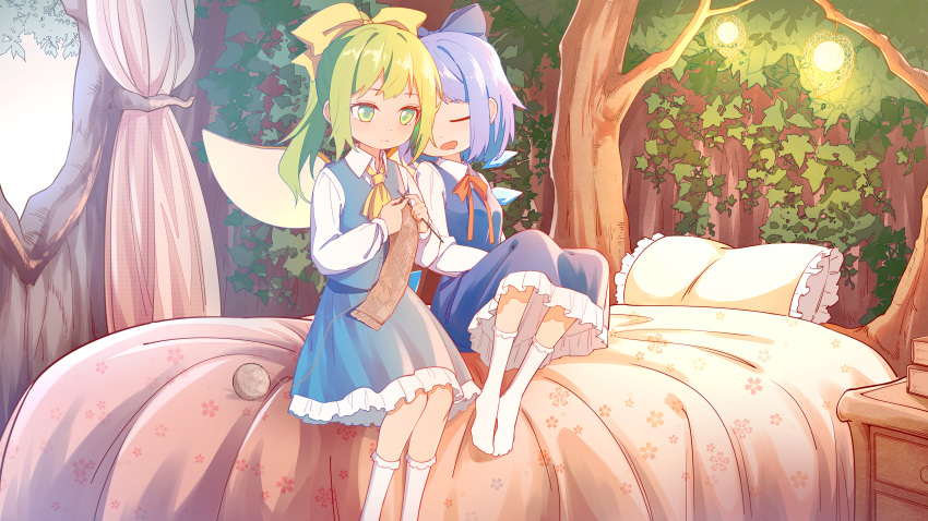 2girls absurdres ascot bed blue_dress blue_hair bobby_socks book book_stack bow bowtie breasts cirno collared_shirt commentary daiyousei drawer dress drooling fairy_wings feet feet_out_of_frame green_hair hairbow highres ice ice_wings indoors jiege knitting long_hair looking_down multiple_girls neck_ribbon on_bed open_mouth orange_bow orange_bowtie ponytail red_bow red_bowtie red_ribbon ribbon shirt short_hair sitting sleeping small_breasts socks touhou tree white_legwear white_shirt wings yellow_ascot yellow_bow