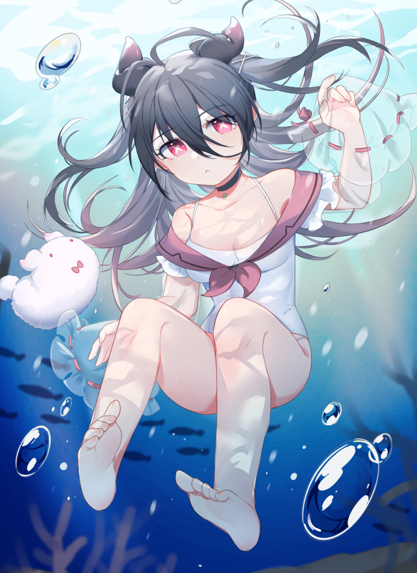 :c absurdres antenna_hair ariko_(aaaaarik) azur_lane bare_shoulders barefoot black_choker black_hair breasts choker cleavage closed_mouth coral cross-shaped_pupils feet female fish hair_between_eyes hand_up highres i-168_(azur_lane) long_bangs long_hair one-piece_swimsuit pink_sailor_collar red_eyes sailor_collar school_swimsuit see-through see-through_sleeves small_breasts swimsuit symbol-shaped_pupils toes two_side_up underwater water white_one-piece_swimsuit