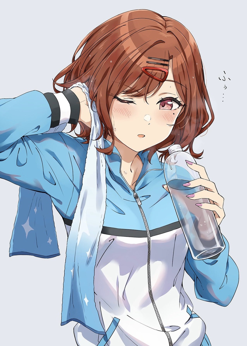 ayano_yuu_(sonma_1426) blue_jacket blush bottle brown_hair commentary drinking female grey_background hair_ornament hairclip hand_in_own_hair highres higuchi_madoka holding holding_bottle idolmaster idolmaster_shiny_colors jacket long_sleeves looking_at_viewer looking_to_the_side mole mole_under_eye nail_polish one_eye_closed purple_eyes purple_nails short_hair simple_background solo towel track_suit upper_body water_bottle zipper zipper_pull_tab