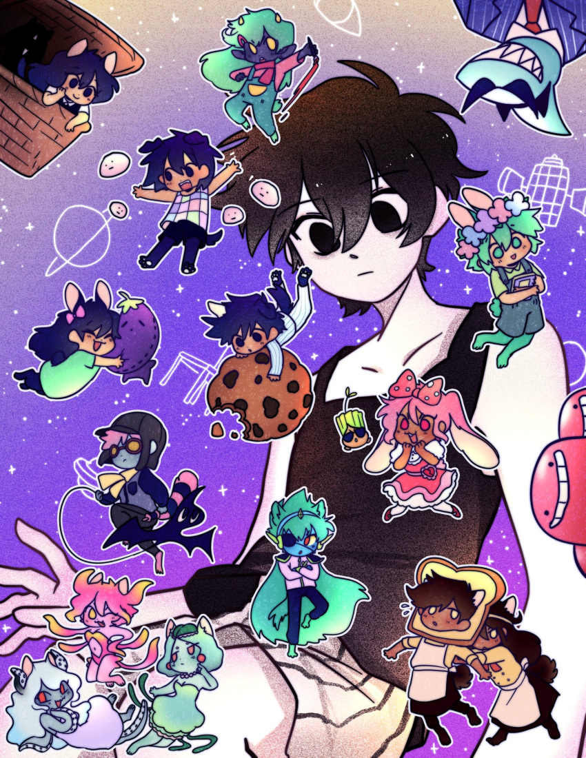 1other 6+boys 6+girls animal_ears apron aubrey_(headspace)_(omori) aubrey_(omori) basil_(headspace)_(omori) basil_(omori) biscuit_(omori) black_eyes black_hair black_shirt black_skirt blue_overalls blue_skin bow bread breasts captain_spaceboy cat_ears cat_tail chibi colored_sclera colored_skin commentary cookie dark_skin doughie_(omori) dress earrings empty_eyes english_commentary eyepatch food glasses green_dress green_eyes green_hair green_skin hairband hairbow head_wreath hero_(headspace)_(omori) hero_(omori) highres holding holding_paintbrush horns humphrey_(omori) jellyfish_girl jewelry kel_(headspace)_(omori) kel_(omori) kemonomimi_mode kid's_kite_(omori) kite kite_kid_(omori) leotard long_hair mari_(headspace)_(omori) mari_(omori) marina_(omori) medusa_(omori) molly_(omori) monster_girl mr._jawsum multiple_boys multiple_girls navel omori omori_(omori) overalls paintbrush pink_bow pink_dress pink_hair pink_leotard pink_skin polka_dot polka_dot_bow ppomella protected_link purple_skin rabbit_ears rabbit_tail red_eyes rococo_(omori) shirt skirt sleeveless sleeveless_shirt sprout_mole stuffed_eggplant sweetheart_(omori) tail tentacle very_long_hair white_apron white_dress white_skin yellow_eyes yellow_sclera yellow_shirt