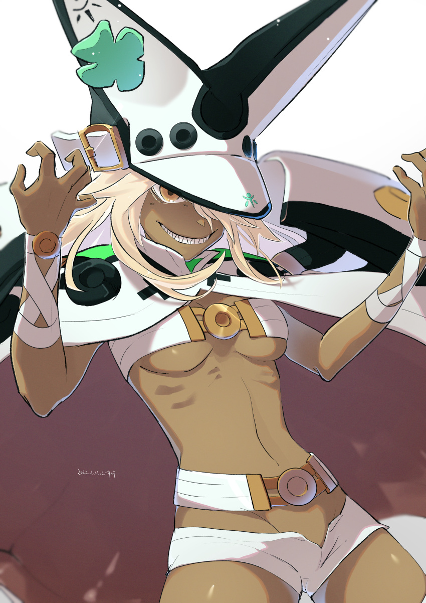 absurdres belt_bra blonde_hair breasts clover dark-skinned_female dark_skin female four-leaf_clover grin guilty_gear guilty_gear_xrd hair_between_eyes highres kousuke_(kari) long_hair looking_at_viewer medium_breasts navel orange_eyes ramlethal_valentine sharp_teeth short_shorts shorts simple_background smile teeth underboob white_headwear white_shorts